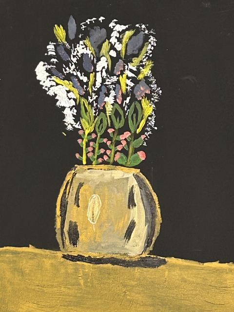 A finished Joyful Arts painting of flowers in a golden vase