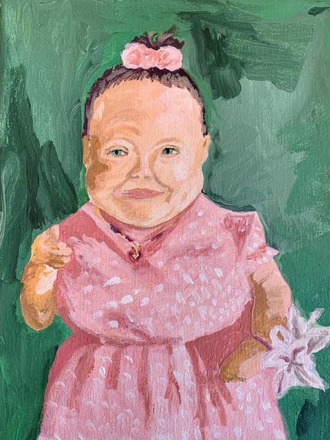 Self-portrait painted by Stef Sullivan, wearing a pink dress against a green background