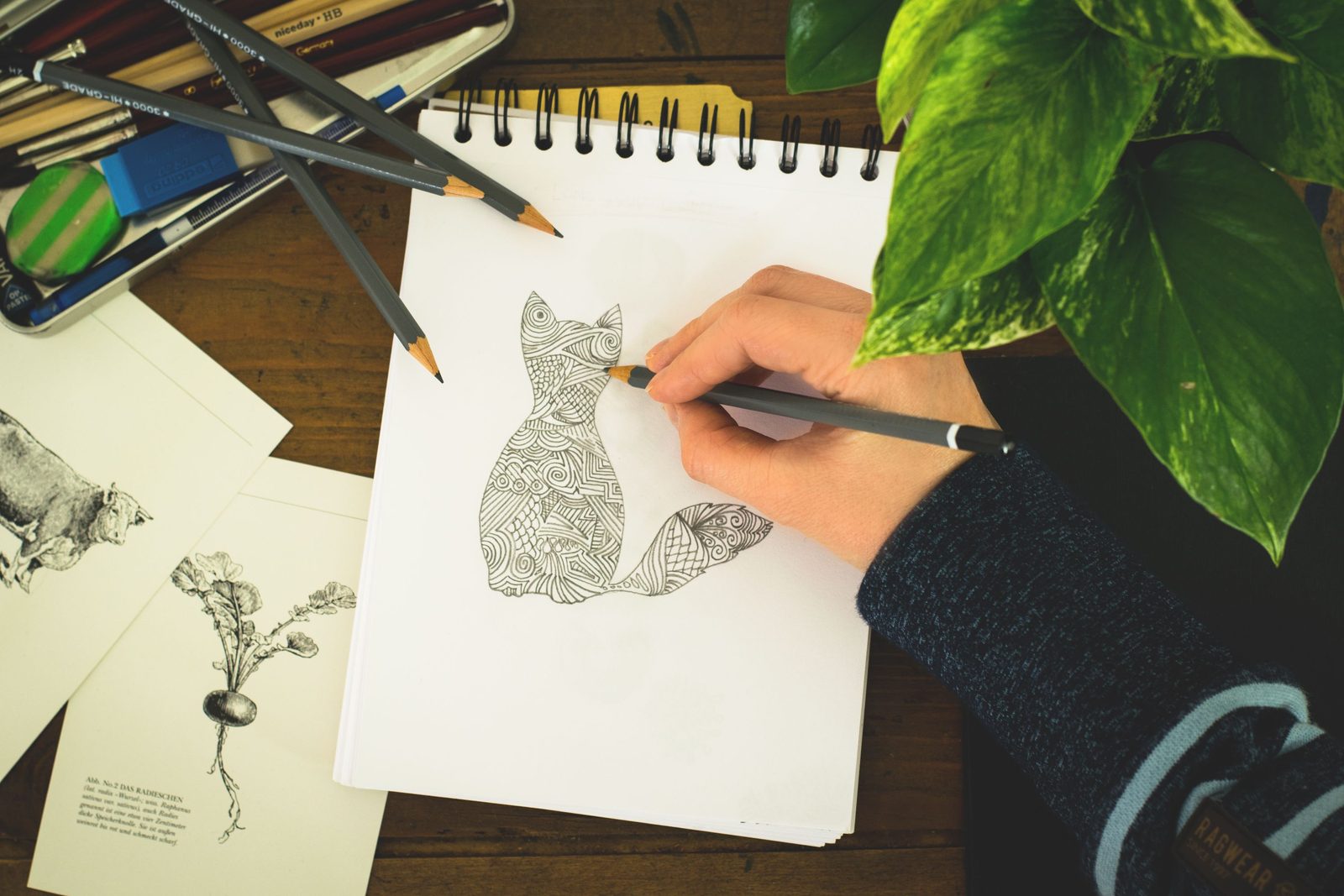 Manos dibujando un gato con un patrón intrincado en un cuaderno de bocetos, con lápices de colores al lado